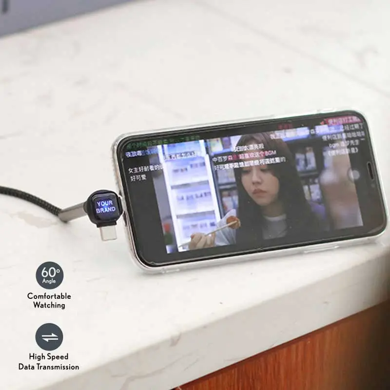 promotional multi use 90 degree phone stand braided USB data cable